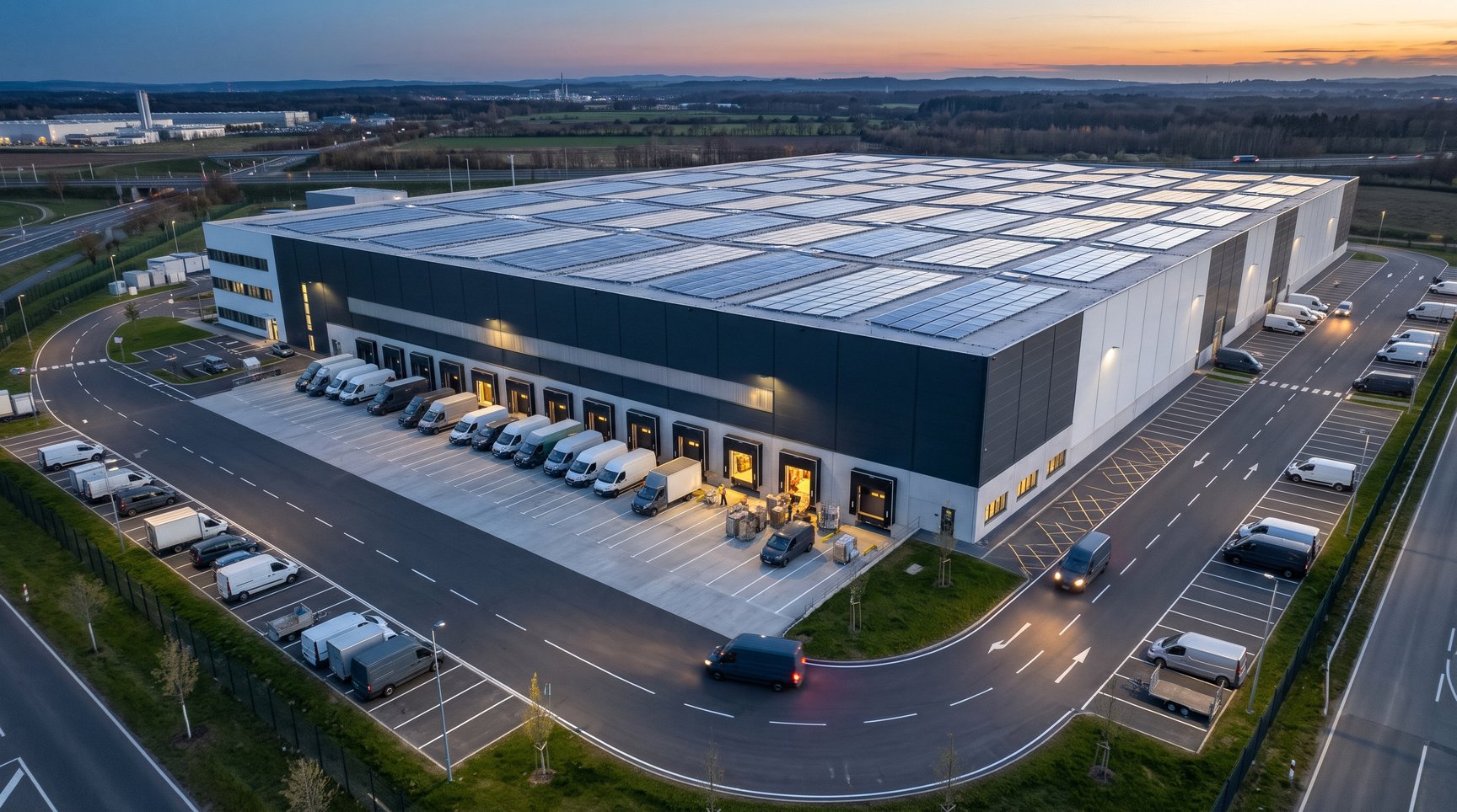 Außenaufnahme eines Logistikzentrums in Deutschland bei Dämmerung: Lieferflotten an Verladetoren für die pünktliche Click and Delivery Zustellung.